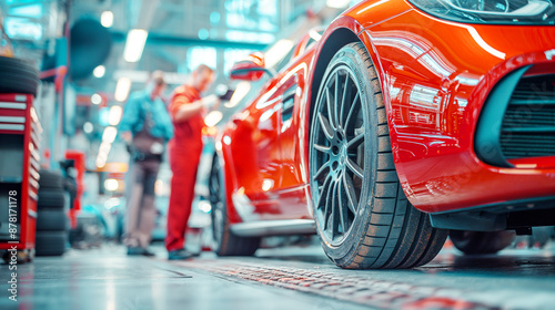 Two mechanics at a car station are repairing a red car