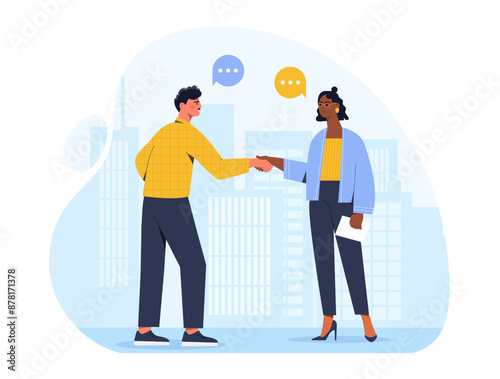 Business partners concept. Man and woman shake hands. Metaphor for successful negotiations. Investor and entrepreneur make deal and agreement. Cartoon vector illustration isolated on white background