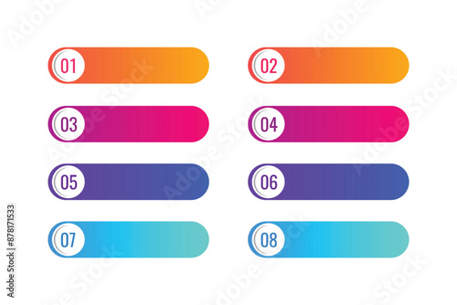 Bullet points with numbers 1 to 8 in colorful text boxes. Vector illustration
