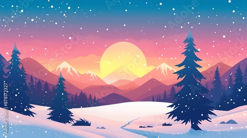A beautiful winter landscape with snowy mountains, a bright sunset, and falling snow.