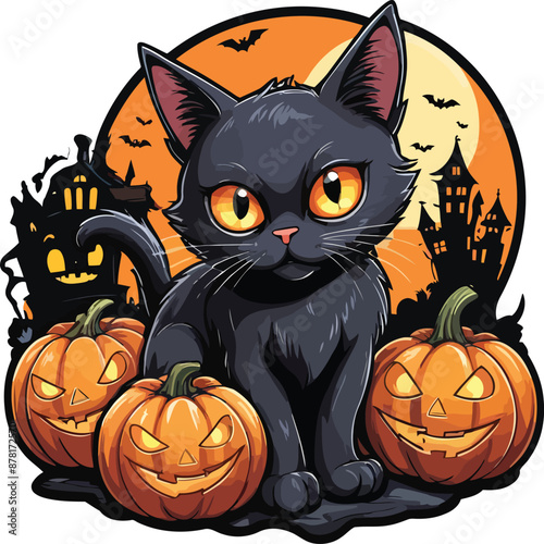 Halloween scary black cat with Haunted Pumpkins clipart, Halloween set vector illustrations. 