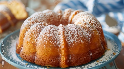 Classic bundt cake in vanilla or sour cream flavor, topped with a dusting of powdered sugar