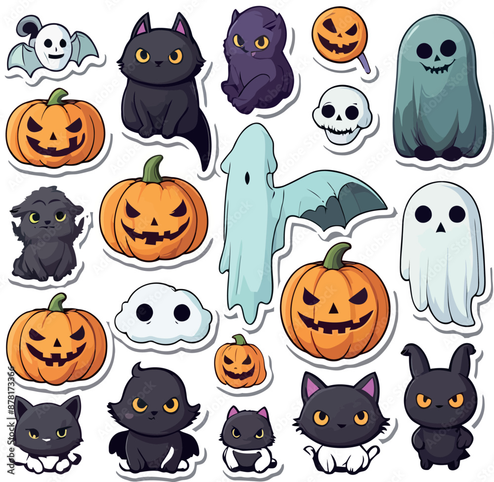Halloween scary black cat with Haunted Pumpkins clipart, Halloween set vector illustrations.

