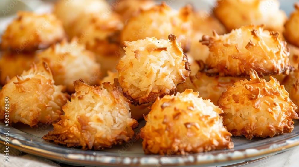 Coconut macaroons, a popular Passover treat, are homemade and arranged on a plate Coconut macaroons, a popular Passover treat, are homemade and arranged on a plate
