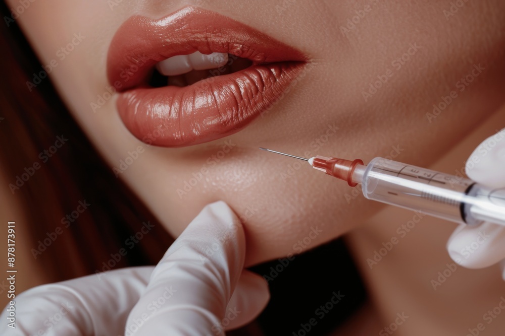 Procedure lip augmentation, Cosmetologist does injection Lip filling close-up pic about a woman lips Procedure lip augmentation, Cosmetologist does injection Lip filling close-up pic about a woman lips