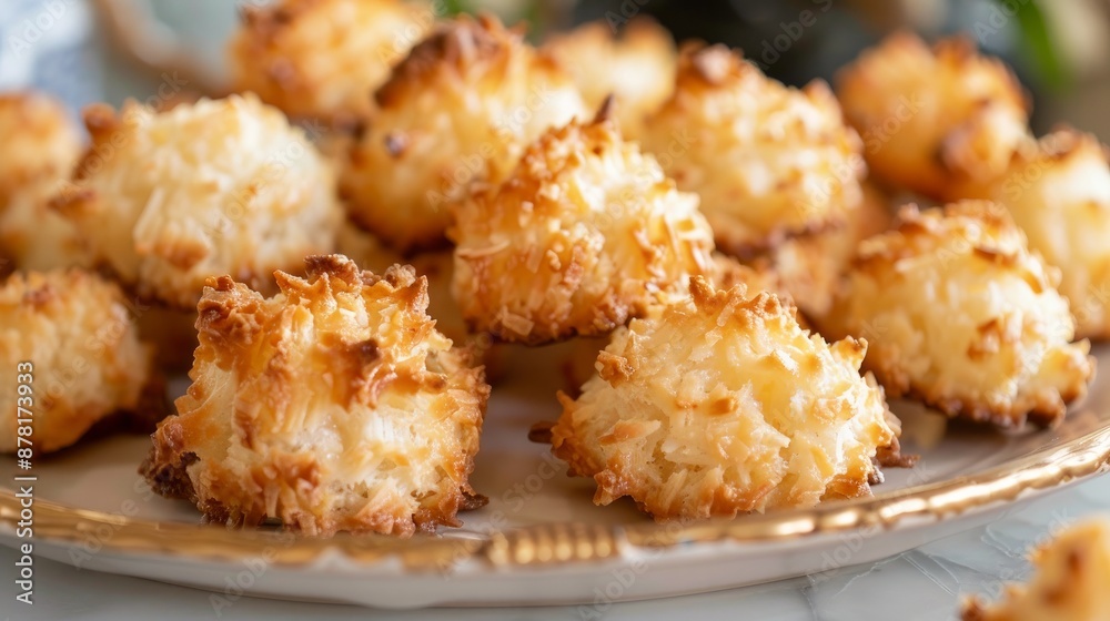 Coconut macaroons, a popular Passover treat, are homemade and arranged on a plate Coconut macaroons, a popular Passover treat, are homemade and arranged on a plate