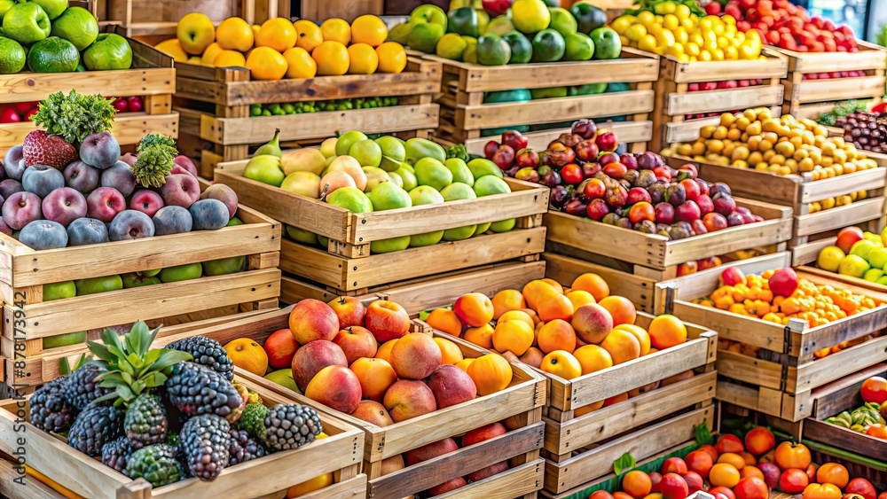 Fresh fruits displayed on wooden crates at local market, fresh, fruits, wooden crates, outdoor market, healthy Fresh fruits displayed on wooden crates at local market, fresh, fruits, wooden crates, outdoor market, healthy