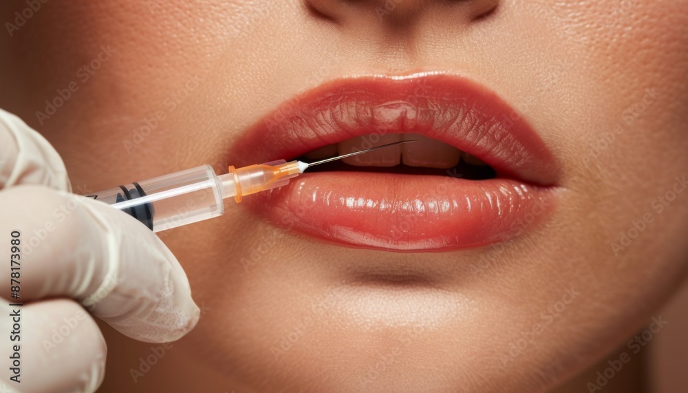 Naklejka premium Procedure lip augmentation, Cosmetologist does injection Lip filling close-up pic about a woman lips