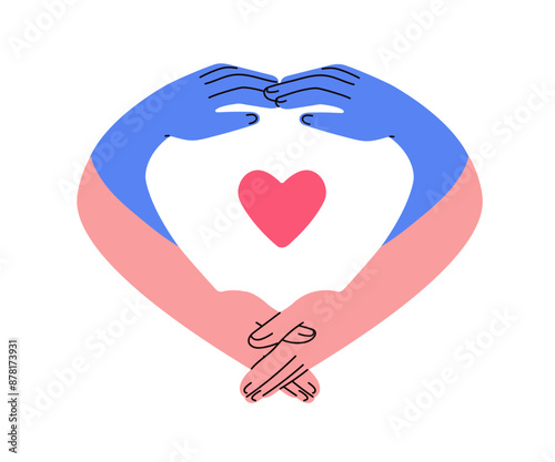 Heart-shaped hands together. Love, support, charity concept symbol. Empathy, bonding, care gesture. Harmony, peace, solidarity and togetherness. Flat vector illustration isolated on white background