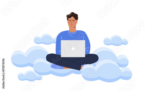 Man with cloud Internet. Young guy with Internet sends or downloads files and documents. Online storage and electronic archive. Cartoon vector illustration isolated on white background