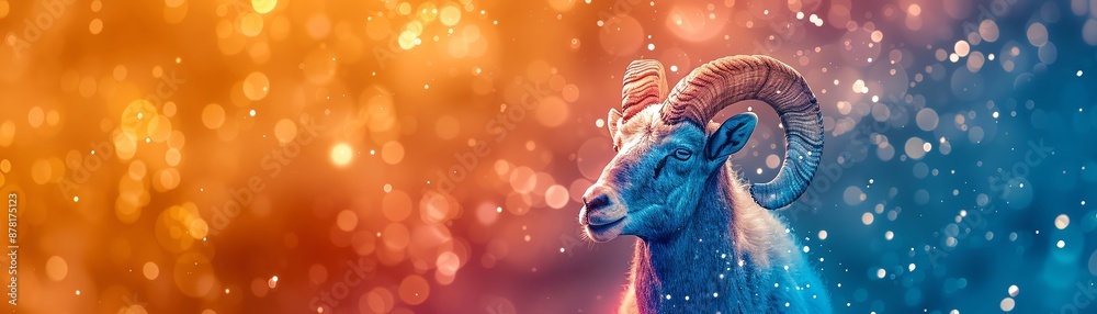 A blue ram with large horns against a colorful bokeh background. A blue ram with large horns against a colorful bokeh background.