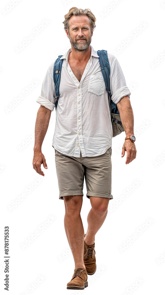 Fototapeta premium Isolated handsome middle aged blonde traveller man with a backpack and summer clothes walking. Summer holidays vacation, cutout on transparent background, ready for architectural visualisation