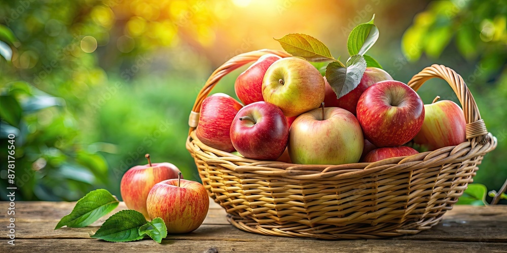 Apples in the basket surrounded by green leaves , fresh, fruit, healthy, harvest, organic, autumn, seasonal, agriculture, juicy Apples in the basket surrounded by green leaves , fresh, fruit, healthy, harvest, organic, autumn, seasonal, agriculture, juicy