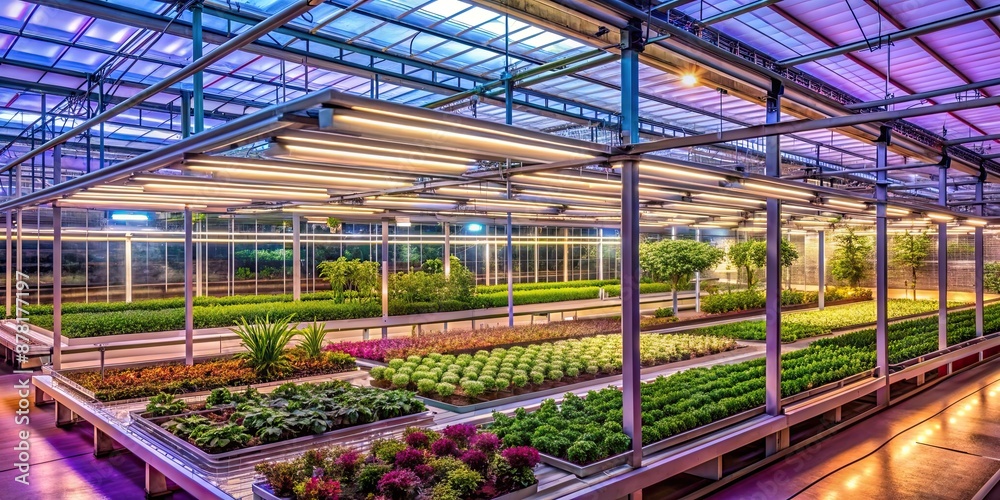 Greenhouse filled with plants illuminated by fluorescent lights, greenhouse, plants, growth Greenhouse filled with plants illuminated by fluorescent lights, greenhouse, plants, growth