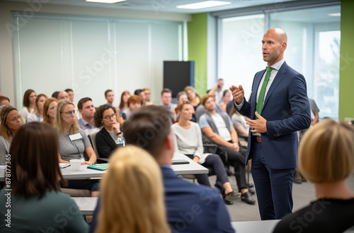 Corporate seminar featuring a professional speaker addressing an attentive audience