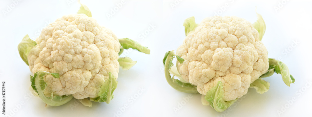 Ripe Cauliflower head with few green leaves. Isolated on White Background, with a shadow. Fresh vegetable. Healthy food from a garden. Ripe Cauliflower head with few green leaves. Isolated on White Background, with a shadow. Fresh vegetable. Healthy food from a garden.