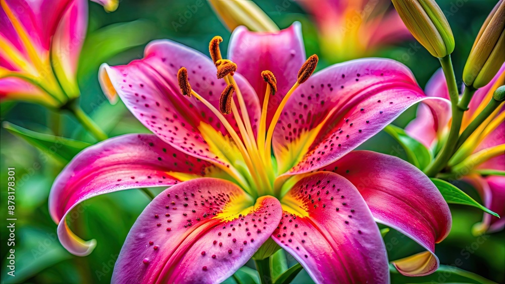 Fototapeta premium Closeup of vibrant pink Tiger Lily with delicate petals and bright yellow stamens, Tiger Lily, pink, flower, closeup, petals