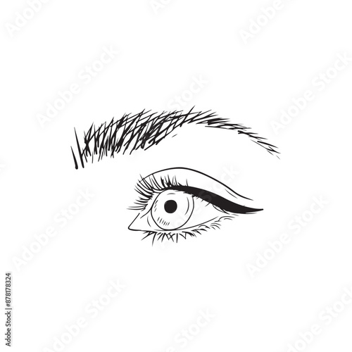 Beautiful eye with brow with eyeline in black isolated on white background. Hand drawn vector sketch illustration in doodle engraved vintage style. Concept of makeup tutorial, beauty fashion