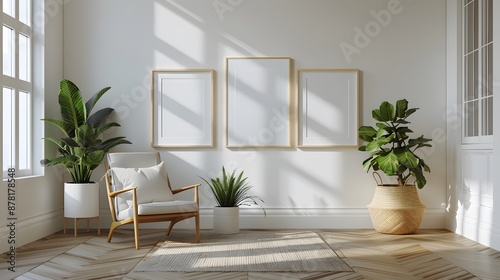Cozy Scandinavian Interior: Blank Mockup three Frames with Wooden Chair and Flower Pot