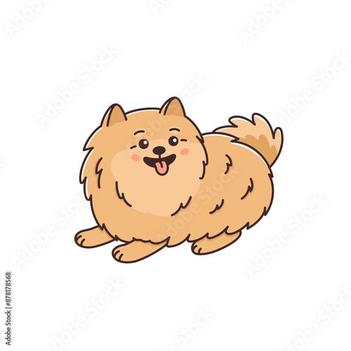 Cute playful dog of Pomeranian spitz breed. Amusing fluffy pet. Small purebred puppy in funny pose. Animal Zwergspitz smiling. Vector illustration isolated on white background