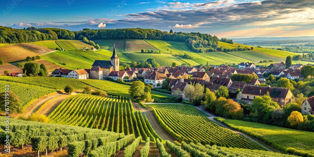Fototapeta premium Beautiful countryside view of rolling hills, vineyards, and charming villages in France, France, scenery