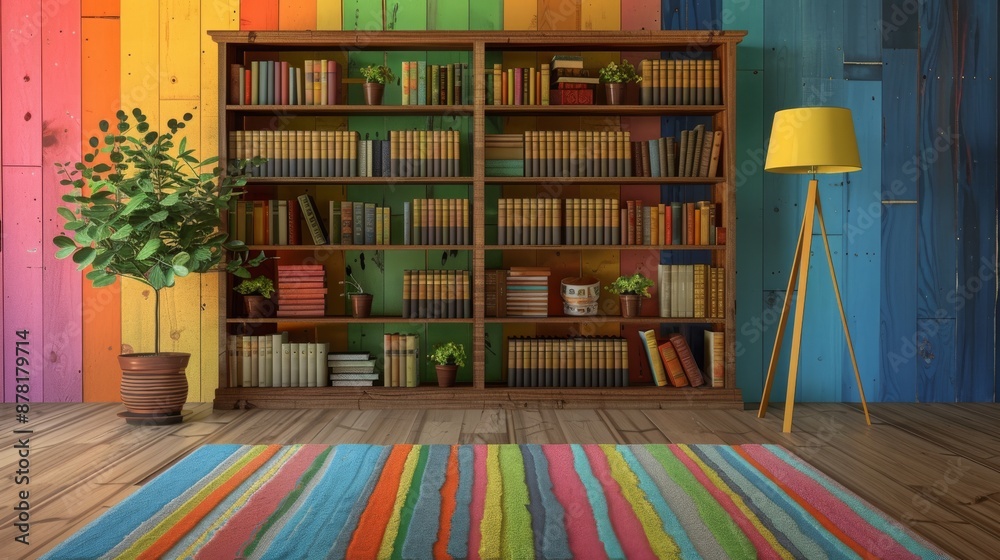 A home bookshelf with a lamp and a rug is located against a colorful wall A home bookshelf with a lamp and a rug is located against a colorful wall