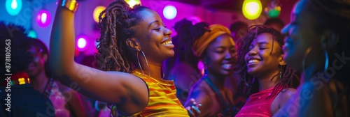 Women dancing joyfully under colorful lights at lively night party