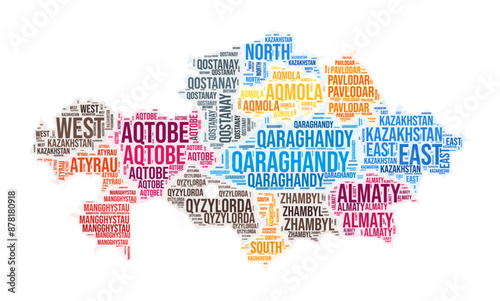 Kazakhstan region word cloud. Country shape design. Kazakhstan colored illustration. Region names collage cloud. Vector illustration.