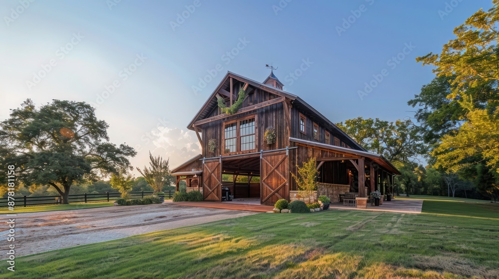 Suburban ranch with a large, rustic barn repurposed as a venue for community events and gatherings Suburban ranch with a large, rustic barn repurposed as a venue for community events and gatherings