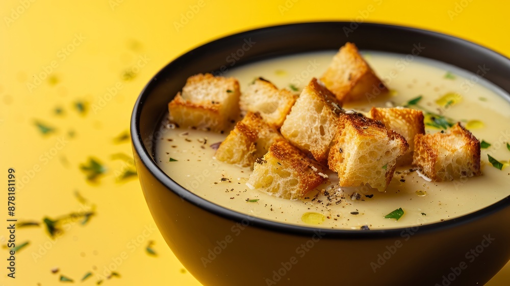 Enjoy a delicious bowl of creamy soup topped with crispy croutons against a vibrant yellow backdrop Enjoy a delicious bowl of creamy soup topped with crispy croutons against a vibrant yellow backdrop
