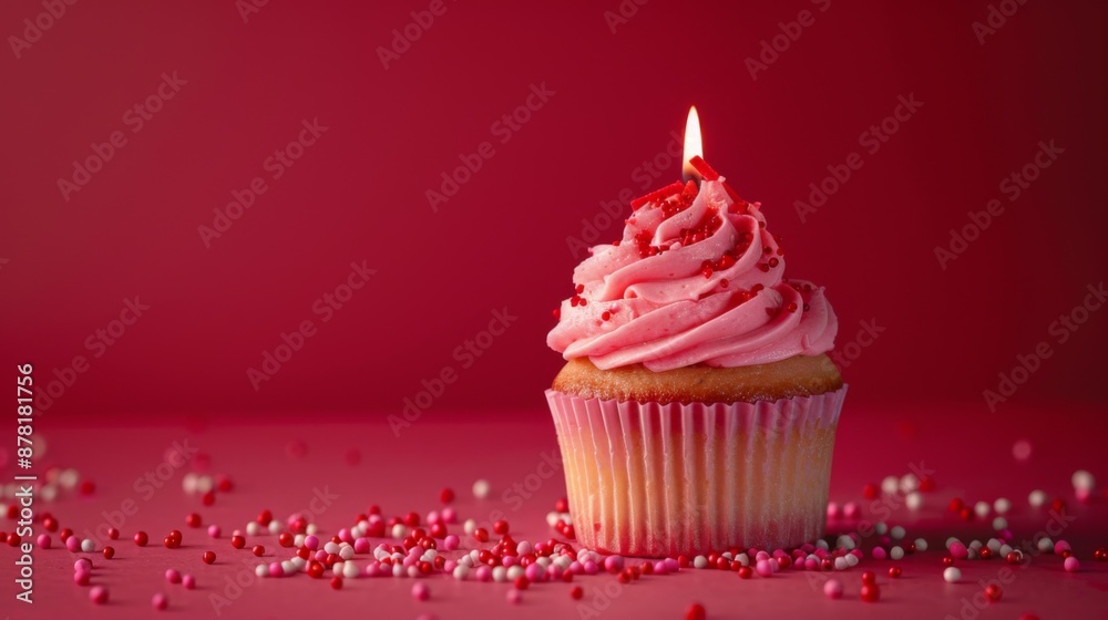Celebratory Cupcake: Pink Frosted Delight with Single Candle, Generative AI Celebratory Cupcake: Pink Frosted Delight with Single Candle, Generative AI