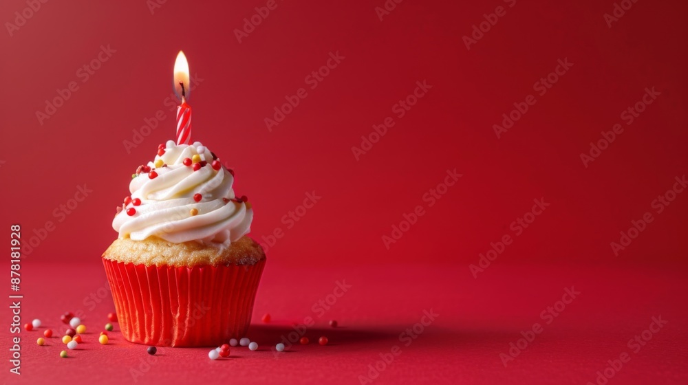 Celebratory Cupcake: Pink Frosted Delight with Single Candle, Generative AI Celebratory Cupcake: Pink Frosted Delight with Single Candle, Generative AI