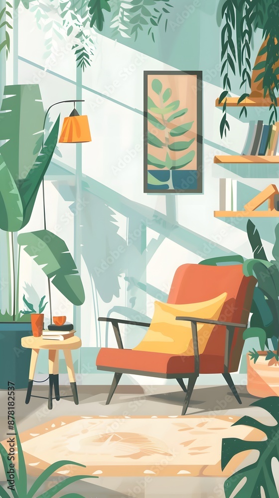 A cozy living room filled with sunlight and plants, featuring a comfortable armchair and a side table. The room exudes a sense of peace and tranquility. A cozy living room filled with sunlight and plants, featuring a comfortable armchair and a side table. The room exudes a sense of peace and tranquility.