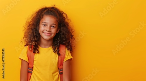 A bright, cheerful young girl sporting a backpack stands against a yellow background