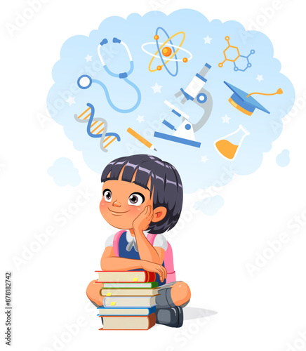 Asian school girl aspiring to a career in science. Cartoon vector illustration.
