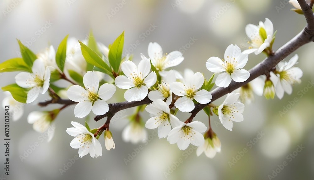 White spring flowers on a tree branch over grey sunny bokeh background close-up. White spring flowers on a tree branch over grey sunny bokeh background close-up.