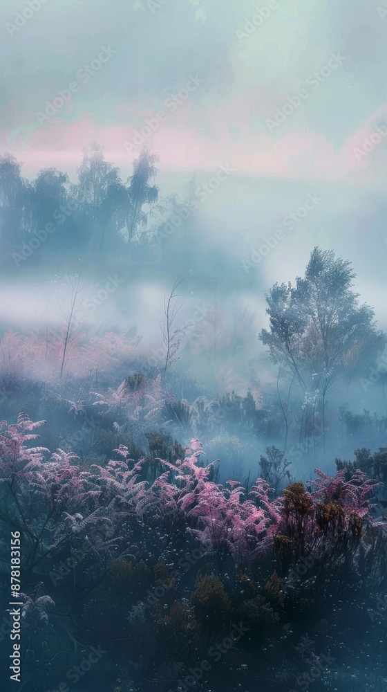Naklejka premium Pink flowers bloom in a misty forest at sunrise