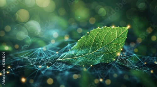 A symbolic illustration of a green leaf floating in a digital web, representing the integration of nature into the digital world.