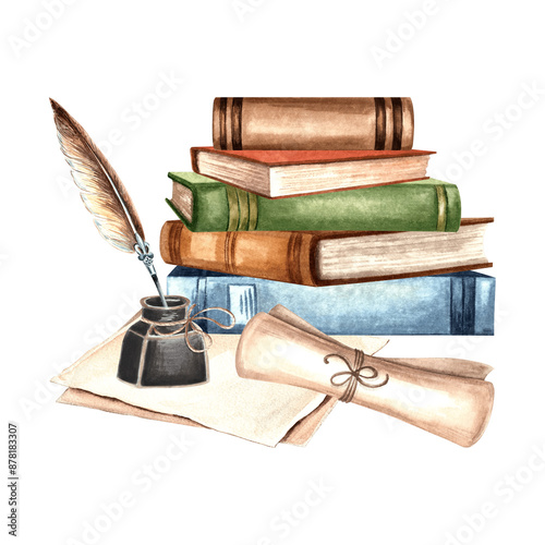 Books and writing utensils. Inkwell, feather pen and papyrus paper scroll. Hand drawn watercolor illustration isolated. Knowledge for all. Education concept. Clipart for card, website, print, sticker.