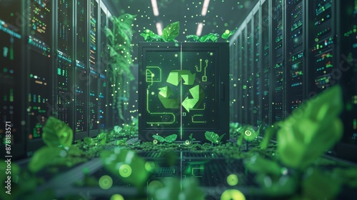 A conceptual illustration of a green server surrounded by digital visualizations, highlighting the importance of environmentally friendly technology in data management. © MAY