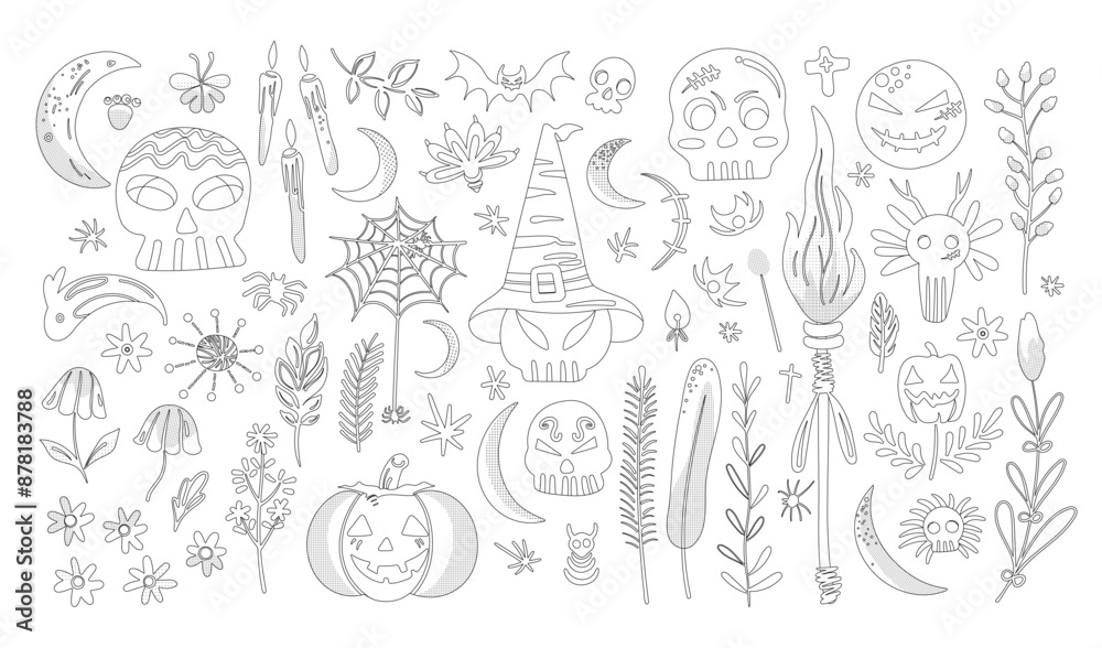 Fototapeta premium Set of isolated Halloween decoration elements in doodle hand-drawn graphic vector illustration on transparent background 3. Black outline style for coloring book.