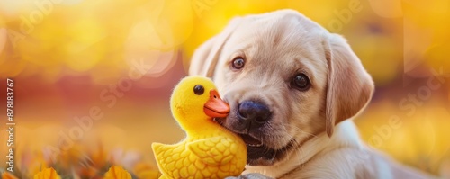 Cute puppy playing with yellow rubber duck in autumn leaves. photo