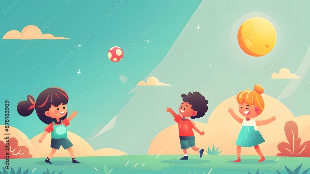 Three children play together outdoors on a sunny day, kicking a soccer ball. Three children play together outdoors on a sunny day, kicking a soccer ball.