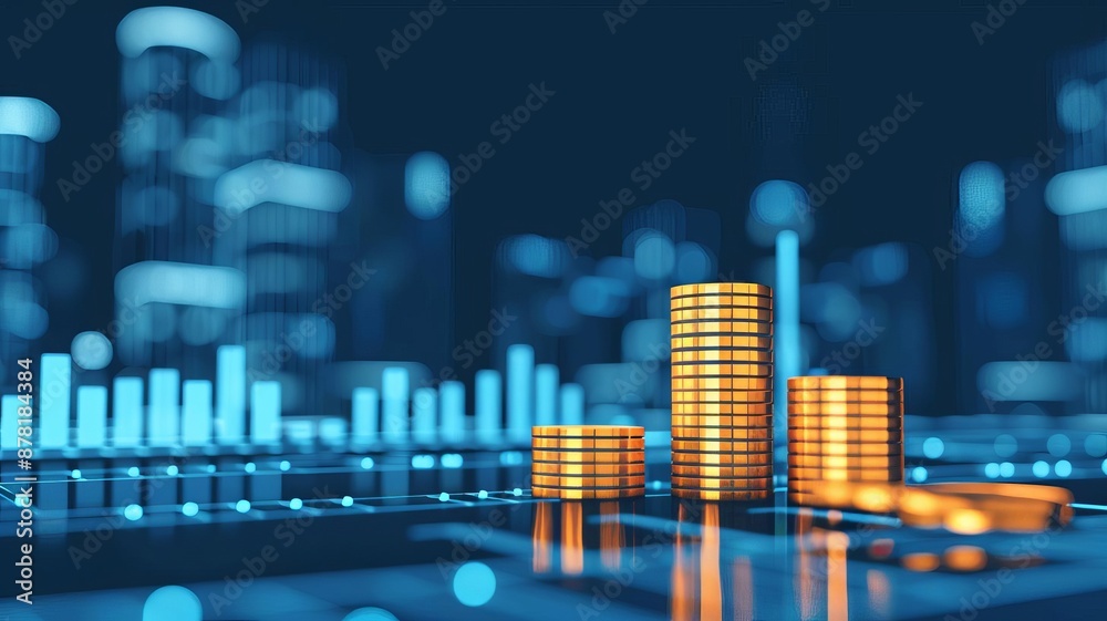Stacks of gold coins on a digital chart background, representing investment growth and financial success in a modern economy. Stacks of gold coins on a digital chart background, representing investment growth and financial success in a modern economy.