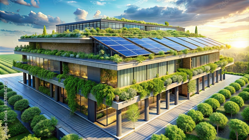 Futuristic green building with solar panels and greenery on the roof, sustainable, eco-friendly Futuristic green building with solar panels and greenery on the roof, sustainable, eco-friendly