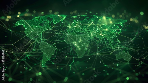 Fototapeta Naklejka Na Ścianę i Meble -  An imaginative illustration of a green map of the world with network lines connecting major cities, highlighting the global reach of sustainable practices.