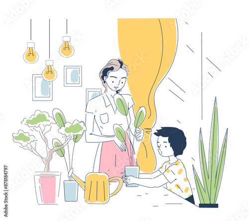 Family care about house flowers. Mother and son water plants in flower pots. Little helper with household chores. Gardening and horticulture. Linear vector illustration isolated on white background