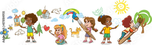 Kids painting wall set. Little children doing creative art with paints, colours, pencils, brushes vector illustration. Group of happy girls and boys drawing on white background.
