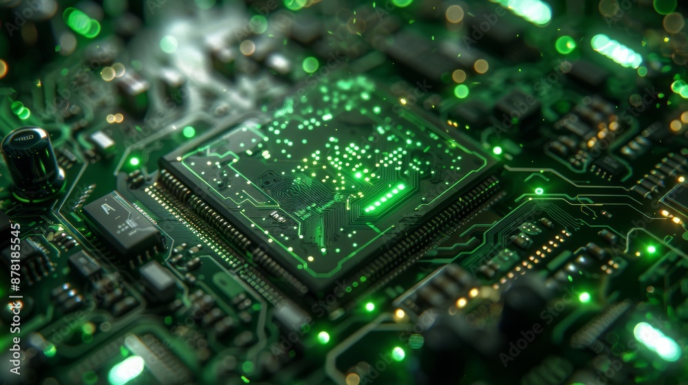 Obraz premium A futuristic illustration of a green computer chip with artistic embellishments, representing the intersection of hardware technology and creativity.
