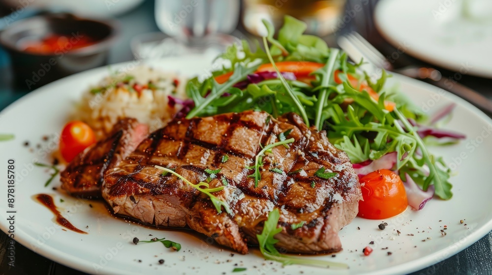 A white plate with grilled meat and a crisp salad A white plate with grilled meat and a crisp salad